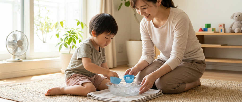 A young child around 4 years old sits on a living room rug with a parent, using blue cups to scoop ice from a clear bowl on top of a folded towel, with soft sunlight, a small fan, and a few toys in the background.