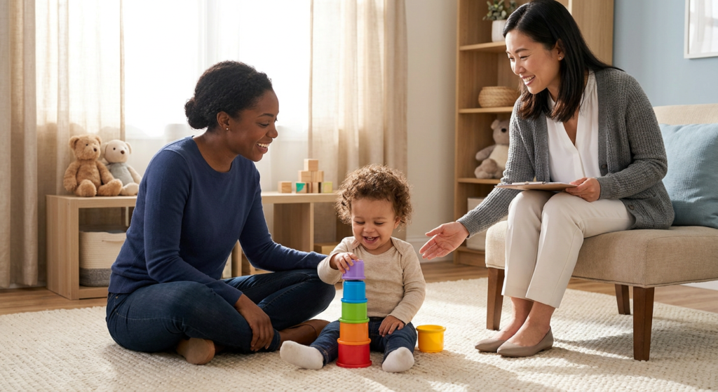 A smiling toddler around age 2–3 stacks colorful cups on a soft rug in a warm playroom while a parent sits beside the child and a female therapist smiles from a nearby chair, creating a calm, supportive early-childhood therapy setting.