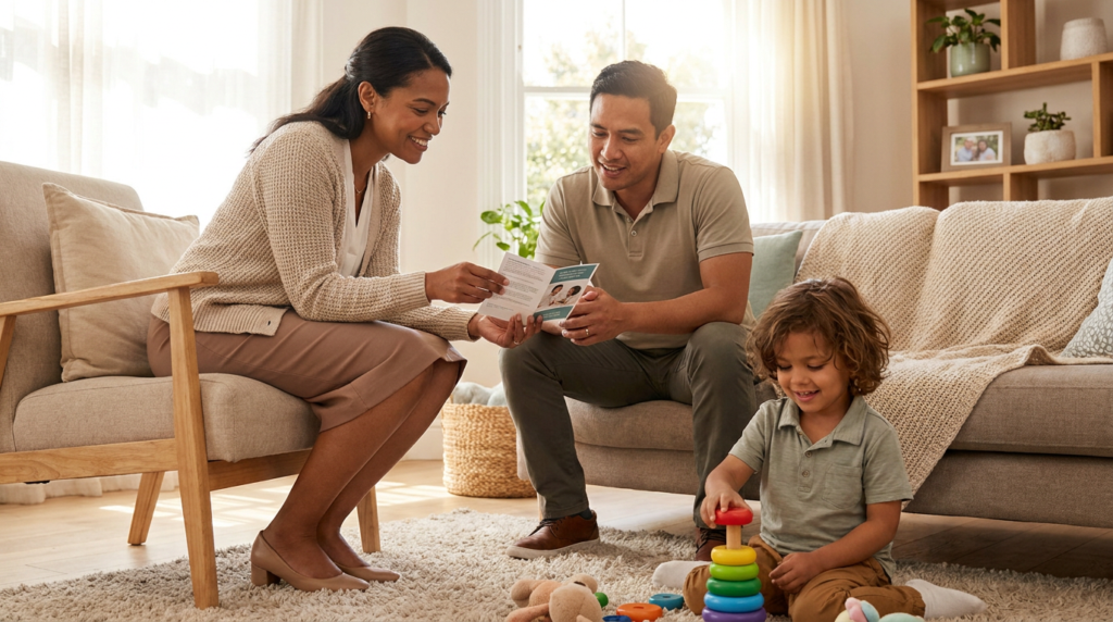 A female therapist and a father sit in a warm living room reviewing a pamphlet while a young child, about 4 years old, happily stacks colorful rings on the floor beside them.