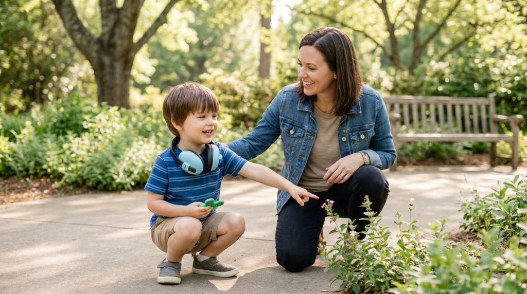 A young boy around 4 years old crouches on a sunny garden path with blue noise-reducing headphones around his neck while a smiling adult caregiver kneels beside him in a leafy outdoor setting with flowers and a bench in the background.