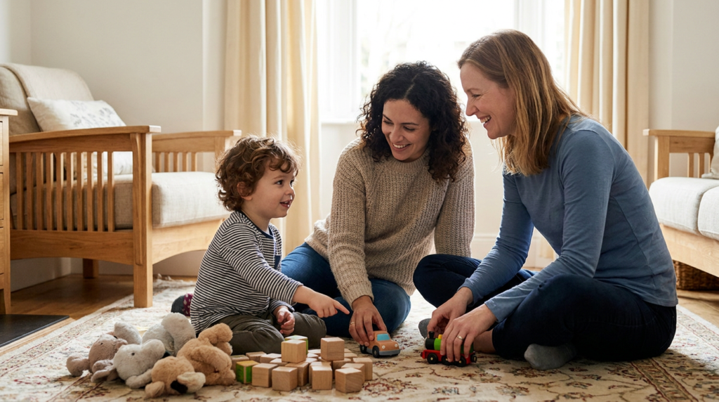 A preschool-aged child sits on a patterned rug in a bright, cozy living room, playing with wooden blocks and toy cars while two adult women sit nearby on the floor smiling and engaging with the child. This supports the article by showing warm, hands-on parent coaching and shared support in a natural home setting.
