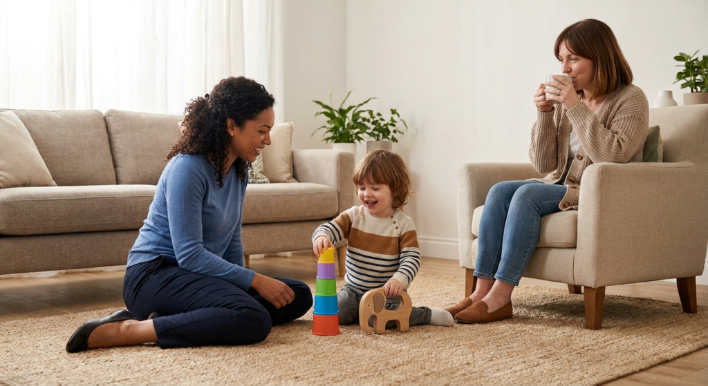 A smiling preschool-aged child sits on a rug in a warm living room, stacking colorful cups beside a female therapist seated at floor level while a parent watches nearby from a chair, creating a calm, supportive play-based interaction at home.