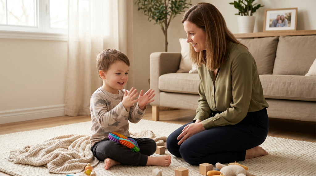 A smiling preschool-age boy sits on a cream rug in a warm living room, holding a colorful sensory fidget while raising his hands in an excited stimming motion as his mother kneels beside him and watches supportively.