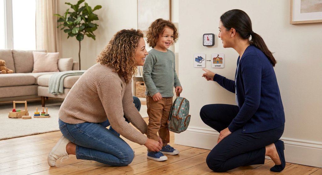 A smiling preschool-age child stands in a warm home entryway holding a small backpack while a parent helps with shoes and a female therapist points to a simple visual schedule and timer on the wall; a sofa, plant, and a few toys are visible in the background.