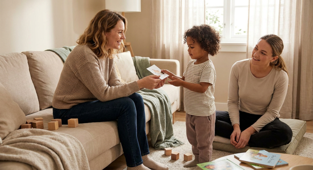 A preschool-aged child stands in a warm living room and hands a picture card to a smiling mother on the couch while a female therapist sits nearby with an encouraging expression; wooden blocks and soft neutral decor create a calm, home-like setting.