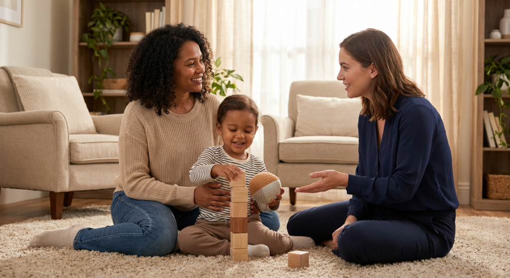 A young child around 4 years old sits on a living room rug stacking wooden blocks while holding a soft sensory ball, with a smiling caregiver beside them and a female therapist kneeling nearby in a warm, softly lit home setting.