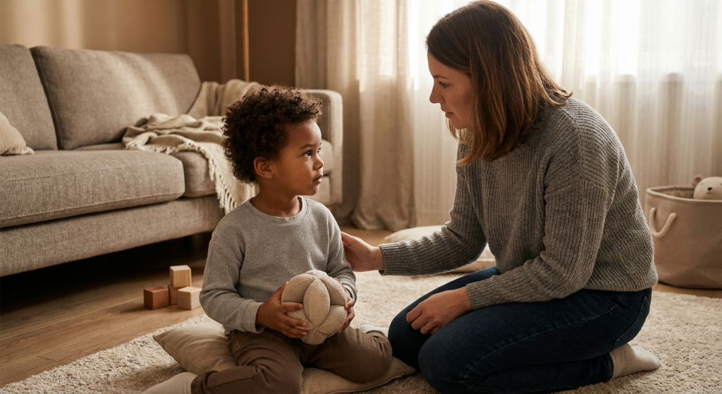 A young child around 4 to 5 years old sits on a floor cushion in a warm living room holding a soft ball while a parent kneels beside them at eye level with a gentle, supportive expression; a sofa, soft rug, toy blocks, and a toy basket are visible in the background.