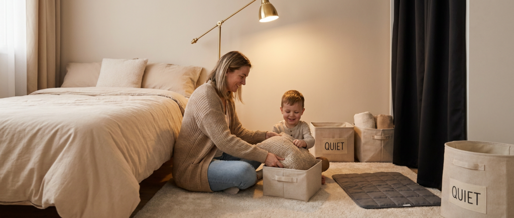 A smiling mother and a young child, about 3–4 years old, sit together on a soft rug in a calm bedroom with neutral bedding, blackout curtains, fabric storage bins, warm lamp light, and a weighted pad as they set up a simple quiet corner.