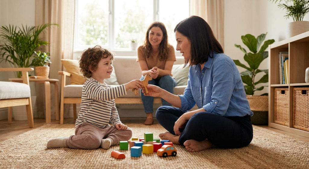 A young child around 3 to 4 years old sits on a living room rug playing with toys while a female therapist sits nearby at the child’s level, sharing attention and smiling, with a parent watching from the couch in a warm home setting with soft natural light.