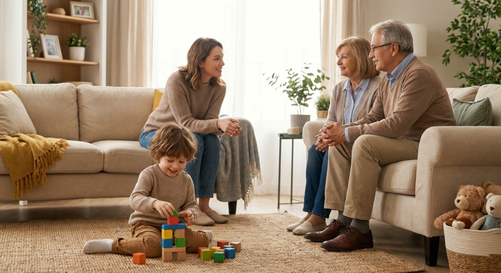 A preschool-aged child sits on a living room rug stacking colorful blocks while a mother speaks warmly with two older family members on nearby couches in a bright, cozy home setting.