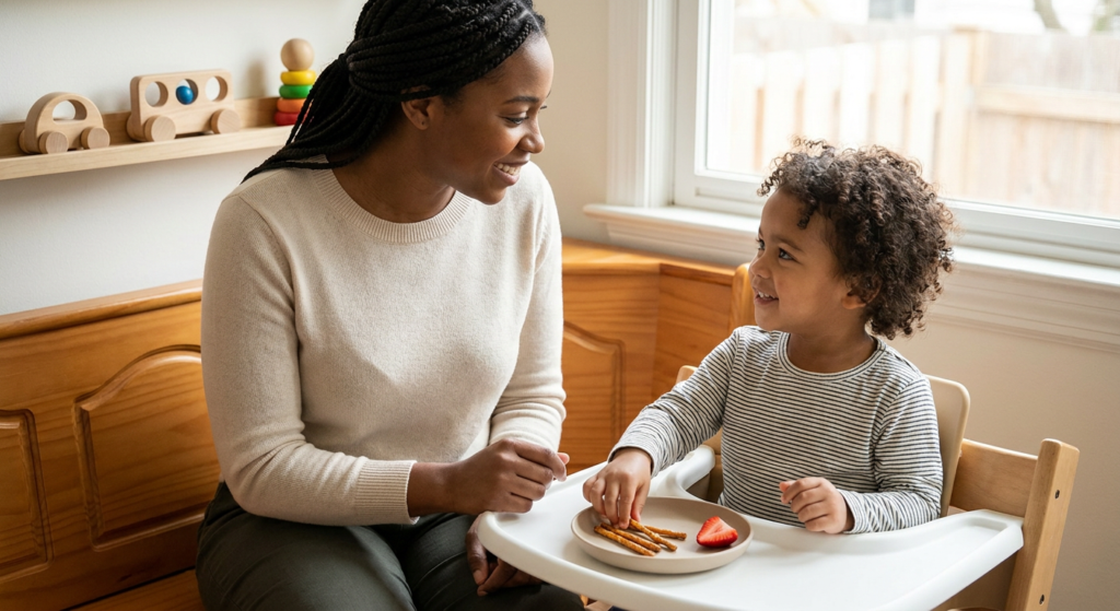 A smiling female caregiver sits beside a happy toddler in a high chair at a bright home dining nook while the child reaches for crunchy snack sticks on a small plate with a strawberry slice, with warm window light and simple wooden toys in the background.