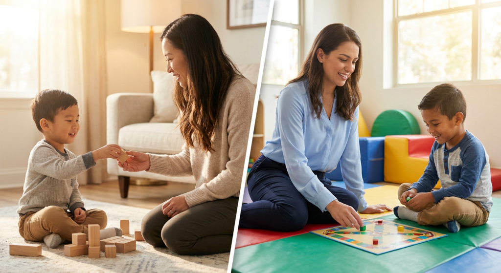 Split image showing a young boy around 4 years old in two ABA settings: on the left he sits on a living room rug stacking wooden blocks with a parent in a warm home setting, and on the right he sits on a colorful play mat with a female therapist in a bright, child-friendly center room while they play a simple game together.