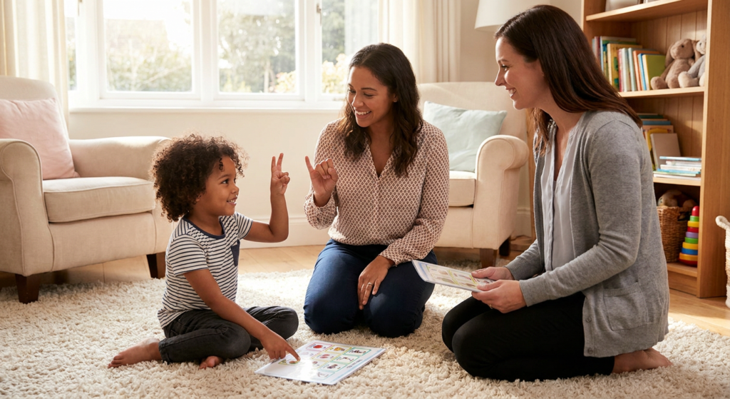 A smiling preschool-age child sits on a cozy living room rug pointing to a picture AAC board while two adult women kneel nearby, one holding a visual board and the other modeling a simple hand sign, with soft daylight, armchairs, and toys in the background.
