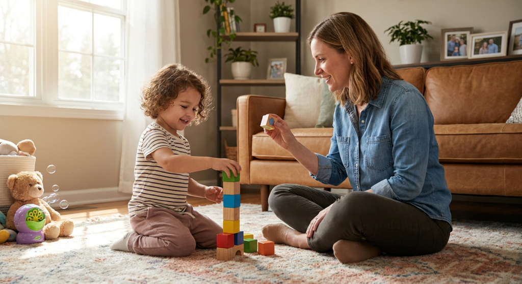 A smiling preschool-age child sits on a living room rug stacking colorful blocks while a female therapist sits beside the child at eye level, holding another block in a warm sunlit home setting with a sofa, plants, and a few toys nearby.