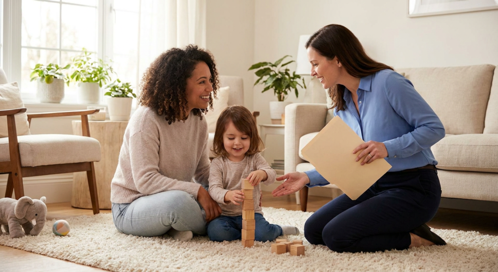 A preschool-age child sits on a rug in a bright, cozy living room stacking wooden blocks while the child’s mother and a female therapist kneel nearby, smiling and offering calm support; a plain folder in the therapist’s hand suggests diagnosis follow-up and next-step planning.