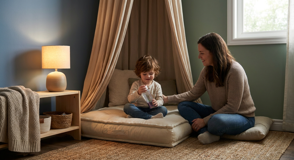 A young child, about 3 to 5 years old, sits on a floor cushion inside a cozy home calming corner with a soft canopy, holding a sensory bottle while a parent sits nearby smiling in a warmly lit room with a small lamp, soft textiles, and simple storage baskets.