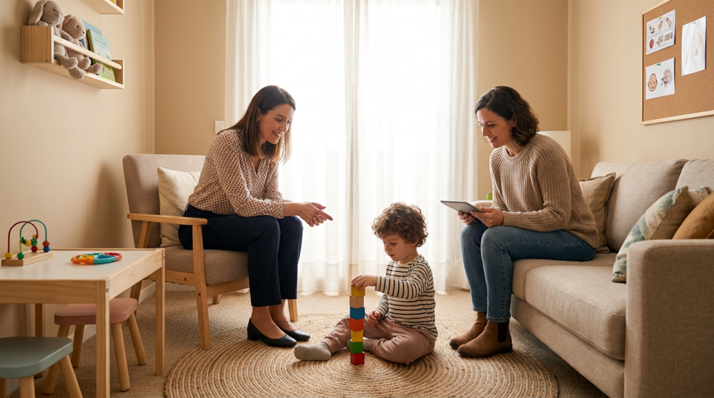 A young child around preschool age sits on a rug in a warm, cozy therapy-style room stacking colorful blocks while two adult women sit nearby smiling and watching supportively, with soft natural light, neutral furniture, and a few simple toys visible in the room.