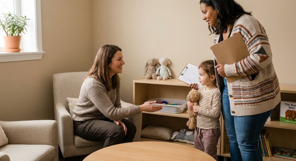 A young child around preschool age holds a teddy bear while standing with a parent carrying intake papers in a warm therapy room, as a seated female therapist smiles and greets them beside a shelf with toys and books.