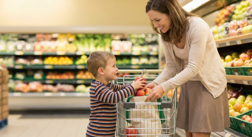 A young child around preschool age stands beside a grocery cart in a bright produce aisle while a smiling parent helps place apples into the cart, creating a calm and supportive shopping moment.