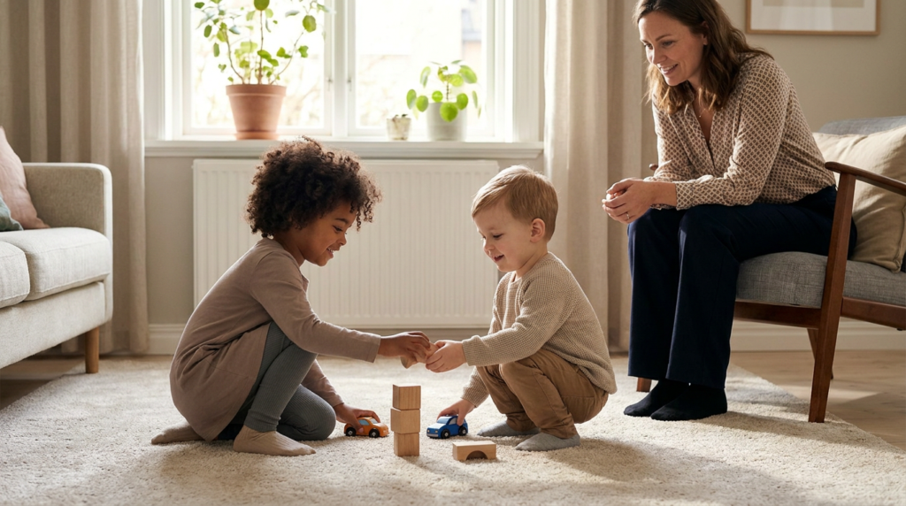 Two young children, around 4 to 5 years old, sit on a living room rug and smile as they play together with small toy cars and stacked wooden blocks while a seated adult woman nearby watches supportively in a warm, sunlit home setting.