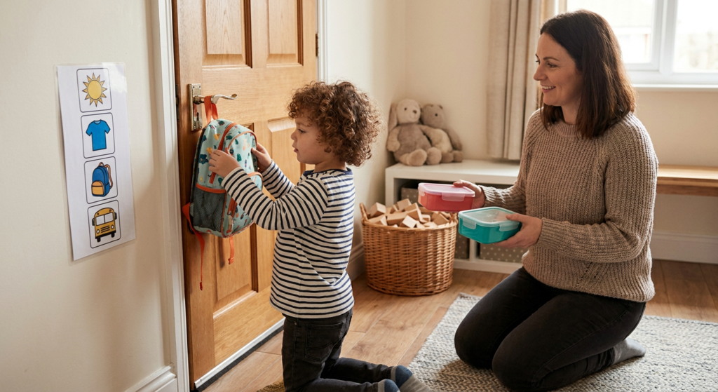 A preschool-aged child stands by a front door hanging a colorful backpack beside a picture routine chart while a smiling parent kneels nearby holding lunch containers in a warm home entryway.