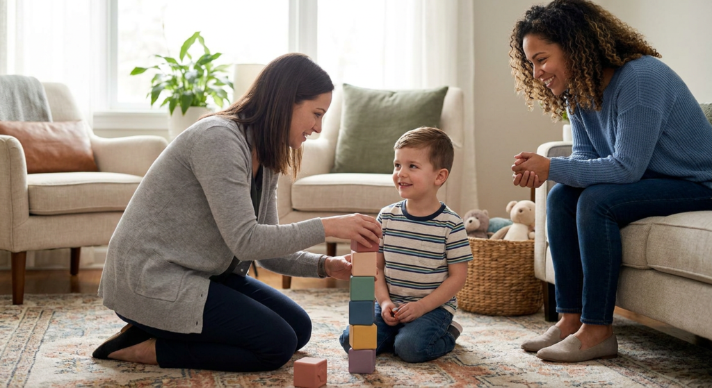 A smiling young boy about 4 to 5 years old sits on a living room rug while a female therapist kneels beside him stacking colorful blocks and a parent watches nearby from the sofa in a warm, sunlit home setting.