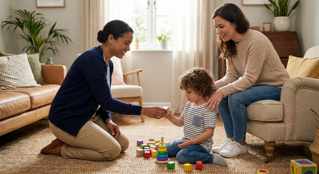 A preschool-age child sits on a living room rug with colorful stacking toys while a smiling female therapist kneels nearby and a parent sits beside them with a supportive hand on the child’s shoulder in a warm, sunlit home setting