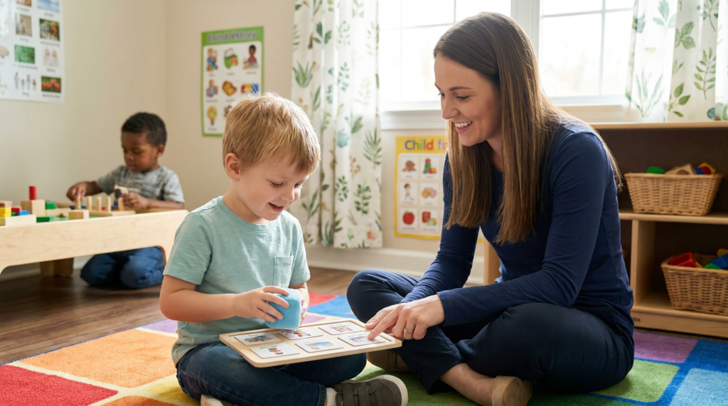 A young boy around 4–5 years old sits on a colorful classroom rug with a female teacher, using a picture-choice board in a warm early-childhood classroom with soft window light, while another young child plays with blocks in the background.