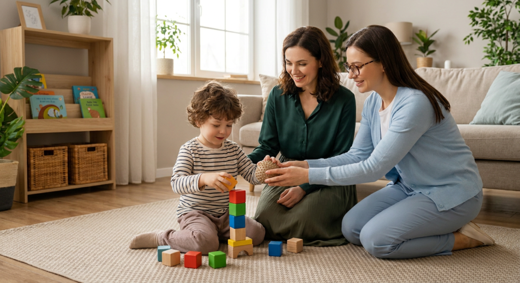 A preschool-aged child sits on a living room rug stacking colorful blocks while two adult women kneel beside the child, smiling and guiding the play in a warm, sunlit home setting with simple toys, soft neutral decor, and an uncluttered sofa in the background.