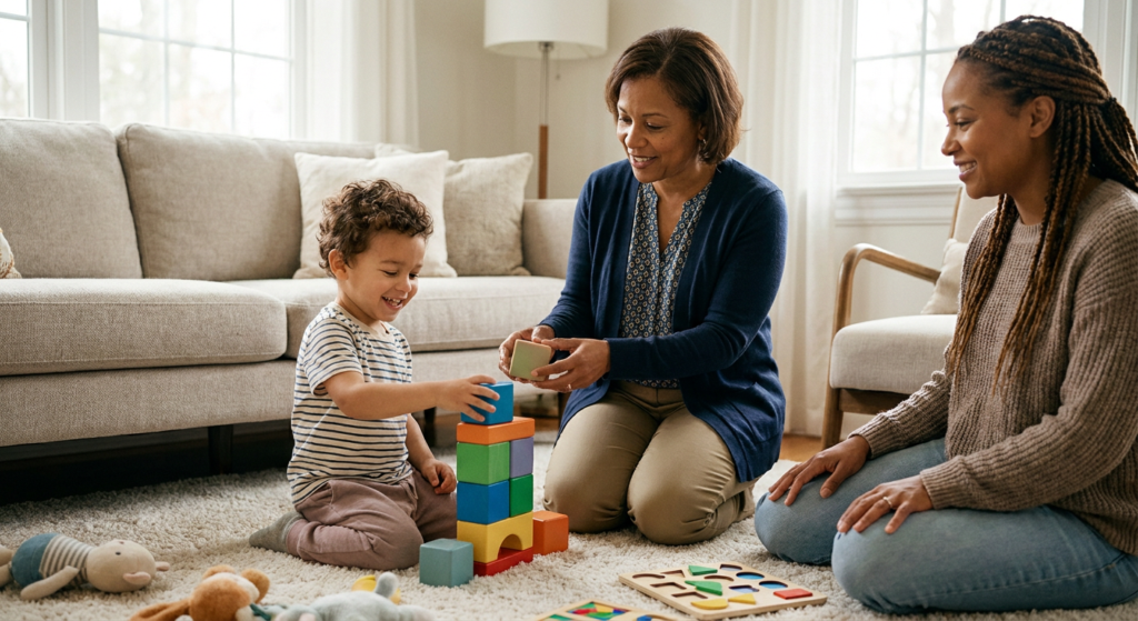 A preschool-aged child sits on a living room rug stacking colorful blocks while a female therapist kneels nearby and a mother watches with a smile in a bright, cozy home setting.