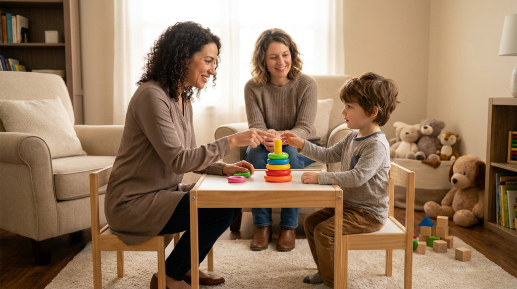 A female therapist sits at a child-sized table in a warm, home-like therapy room, guiding a preschool-aged child as he places colorful stacking rings while a smiling parent watches nearby; soft lighting, cozy seating, and a few toys create a calm, supportive setting.