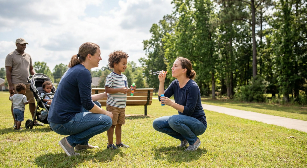 Two adult women crouch with a smiling preschool-aged child in a sunny park while blowing bubbles, with a father, stroller, and two younger children in the background near a bench, grassy lawn, and tree-lined walking path.