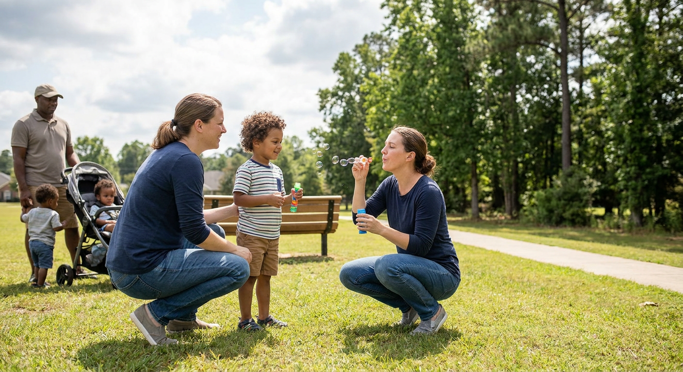 Two adult women crouch with a smiling preschool-aged child in a sunny park while blowing bubbles, with a father, stroller, and two younger children in the background near a bench, grassy lawn, and tree-lined walking path.