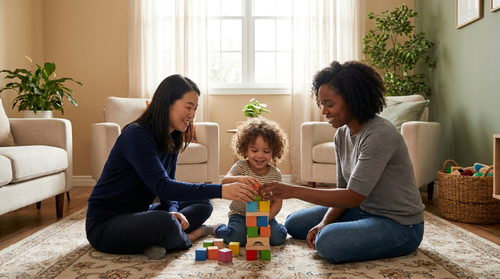 A young child around 3 to 4 years old sits on a rug in a warm home living room, smiling while stacking colorful blocks with two supportive adult women seated nearby on the floor.