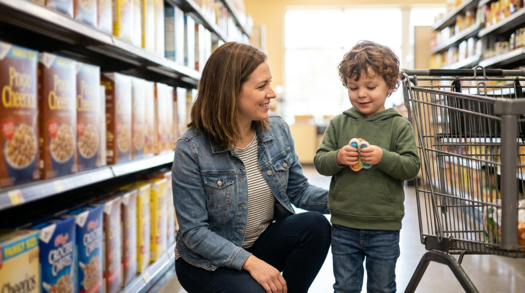 A woman kneels beside a young boy, about 4 years old, in a grocery store aisle next to a shopping cart while he calmly holds a small sensory toy and looks down at it; shelves of boxed items line the background in warm natural light.