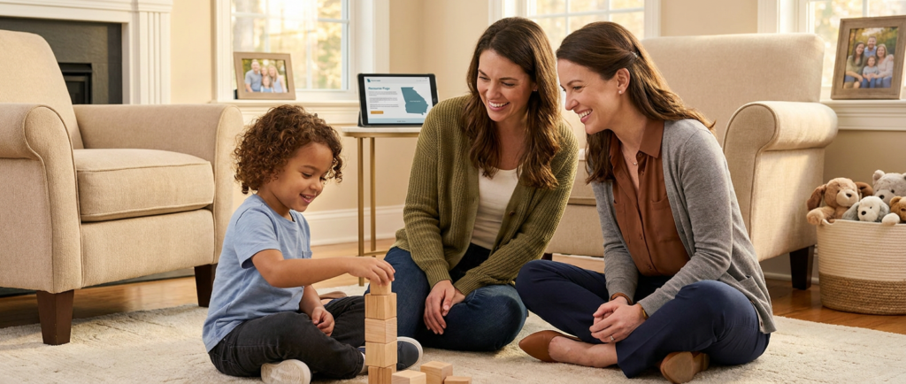 A young child around 4 years old sits on a living room rug stacking wooden blocks while two adult women sit nearby smiling and watching supportively, with armchairs, family photos, soft toys, and a laptop showing a Georgia map in the background.