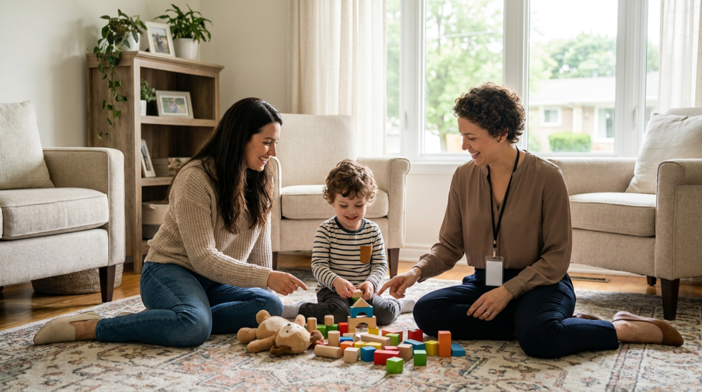 A young child around 4 years old sits on a living room rug building with colorful blocks while a smiling mother and a female therapist sit nearby at the child’s level in a bright, cozy home setting.