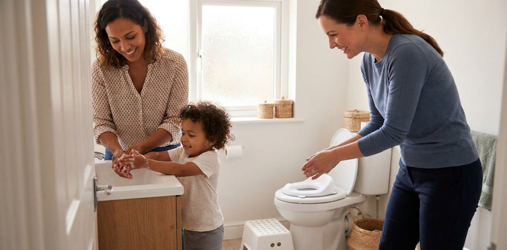 A toddler around 2–4 years old washes hands in a bright home bathroom while a smiling mother and a female therapist stand nearby beside a toilet with a child seat insert and step stool, creating a calm and supportive potty-training scene.