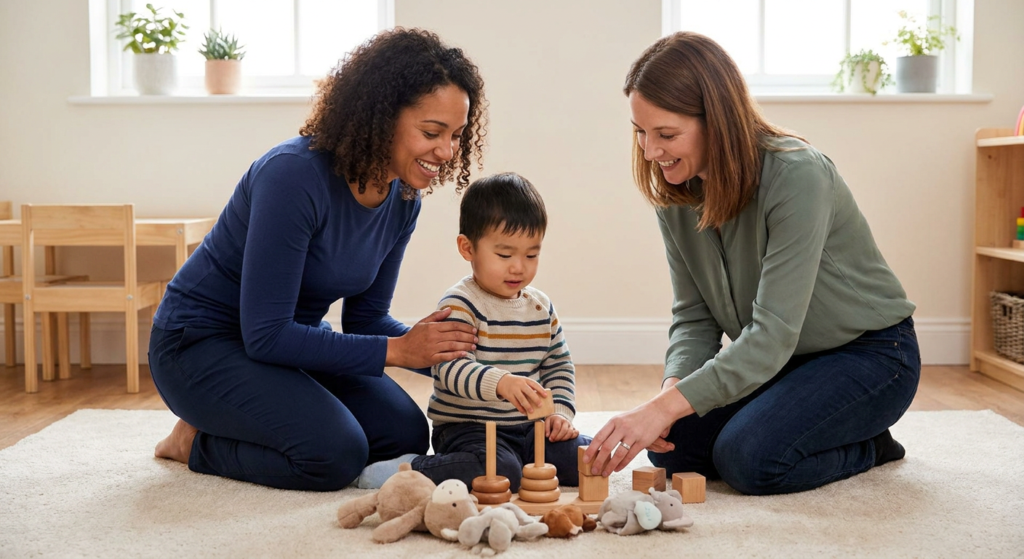 A young child around preschool age sits on a soft rug in a warm, child-friendly therapy room while a parent and a female therapist kneel nearby and smile as they help with simple wooden stacking toys; the space has soft natural light, neutral decor, and a calm, supportive feel.