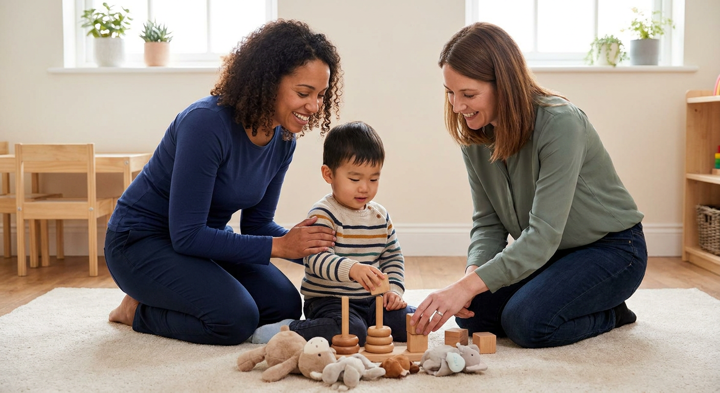 A young child around preschool age sits on a soft rug in a warm, child-friendly therapy room while a parent and a female therapist kneel nearby and smile as they help with simple wooden stacking toys; the space has soft natural light, neutral decor, and a calm, supportive feel.