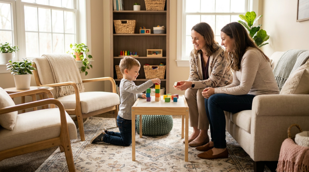 A young child around 4 years old stacks colorful blocks at a small table in a warm, bright therapy-style living room while two adult women sit nearby smiling and guiding the activity, with soft natural light, neutral furniture, and simple toys in the background.