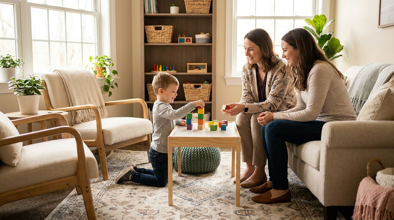 A young child around 4 years old stacks colorful blocks at a small table in a warm, bright therapy-style living room while two adult women sit nearby smiling and guiding the activity, with soft natural light, neutral furniture, and simple toys in the background.