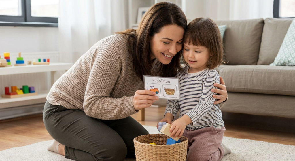 A mother kneels beside a preschool-aged child in a bright living room, showing a first-then picture card while the child places toy blocks into a woven basket on a rug, with a sofa and simple toys in the background.
