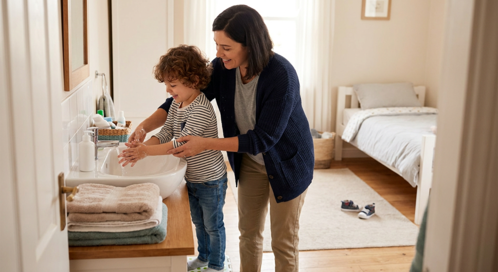 A young child around 5 years old washes their hands at a sink while an adult woman gently guides them in a warm home bathroom and bedroom setting, with folded towels, soft natural light, and a pair of shoes visible in the background.