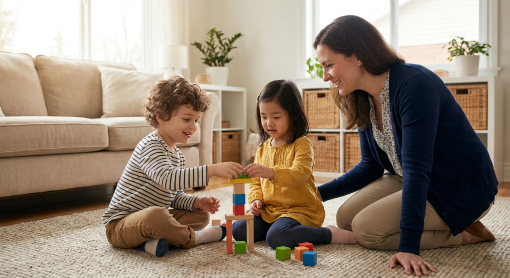 Two young children around preschool age sit on a rug in a bright living room and take turns stacking colorful blocks while a smiling adult woman kneels beside them offering calm support.
