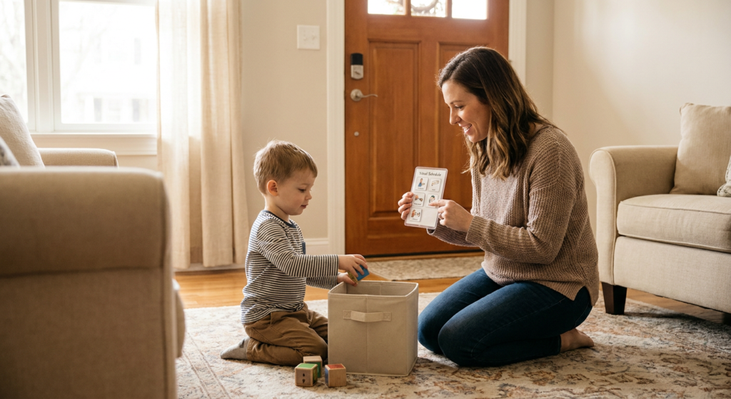 A young boy around 4 years old kneels on a living room rug, placing blocks into a fabric bin while a smiling female caregiver kneels beside him near the front door and shows him a small visual schedule card in a warm, softly lit home setting.