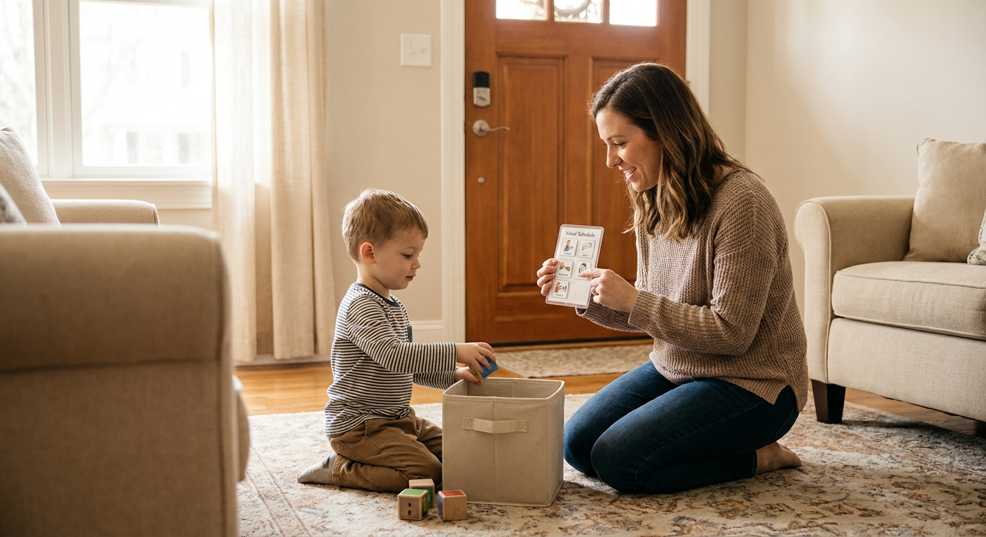 A young boy around 4 years old kneels on a living room rug, placing blocks into a fabric bin while a smiling female caregiver kneels beside him near the front door and shows him a small visual schedule card in a warm, softly lit home setting.