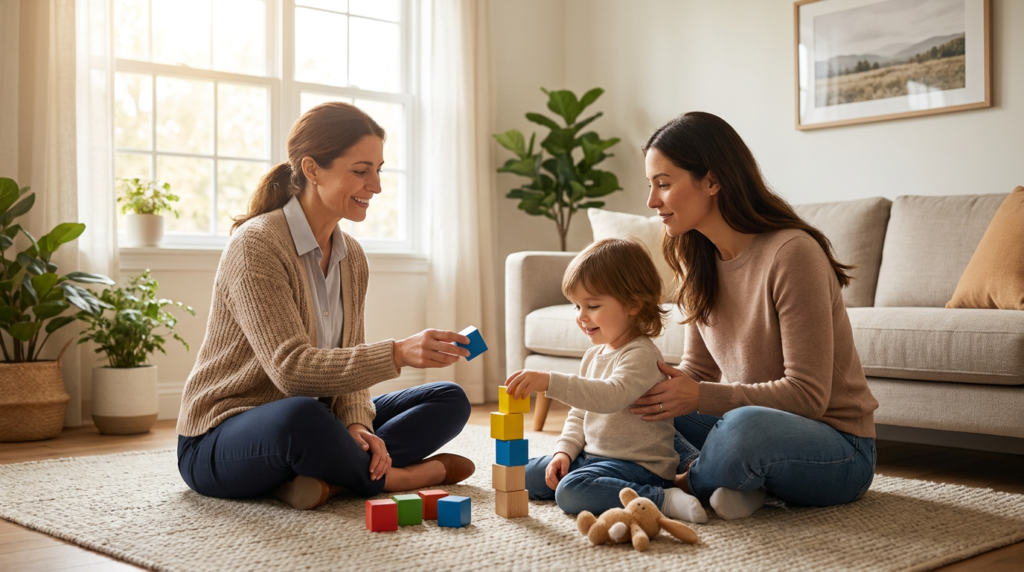 A female therapist and a mother sit on the floor in a bright, cozy living room with a toddler about 2 to 3 years old, smiling and stacking colorful blocks together on a rug beside a sofa and houseplants.