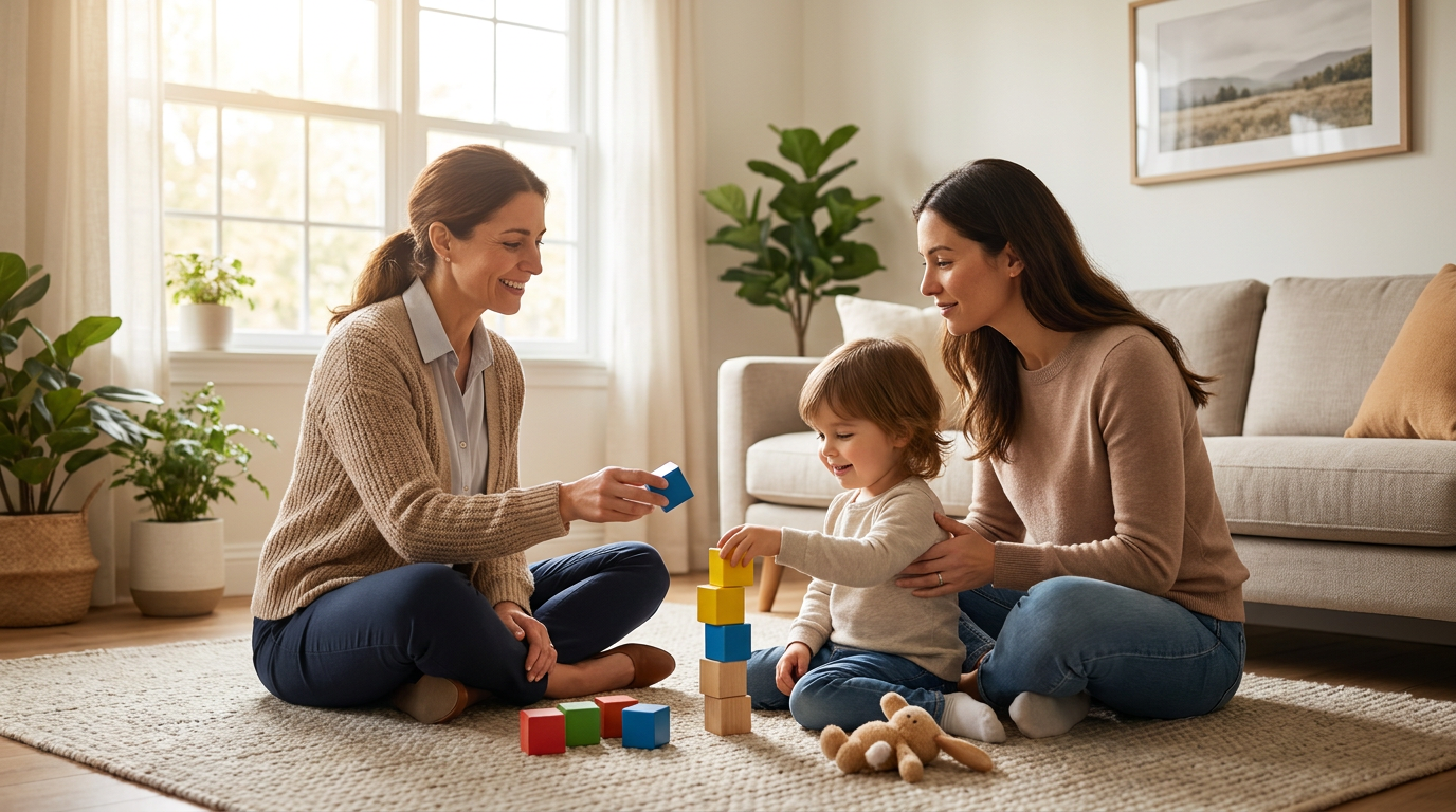 A female therapist and a mother sit on the floor in a bright, cozy living room with a toddler about 2 to 3 years old, smiling and stacking colorful blocks together on a rug beside a sofa and houseplants.