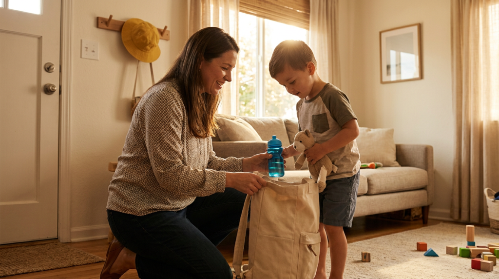 A mother kneels beside a young boy, about 4 years old, in a warm living room near the front door as he places a blue water bottle and a stuffed toy into a light backpack, with soft summer sunlight, a sun hat on the wall, and a few toys visible in the room.